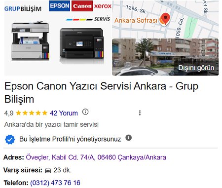 Ankara Canon Servisi Google kullanıcı yorumları ve işletme profili